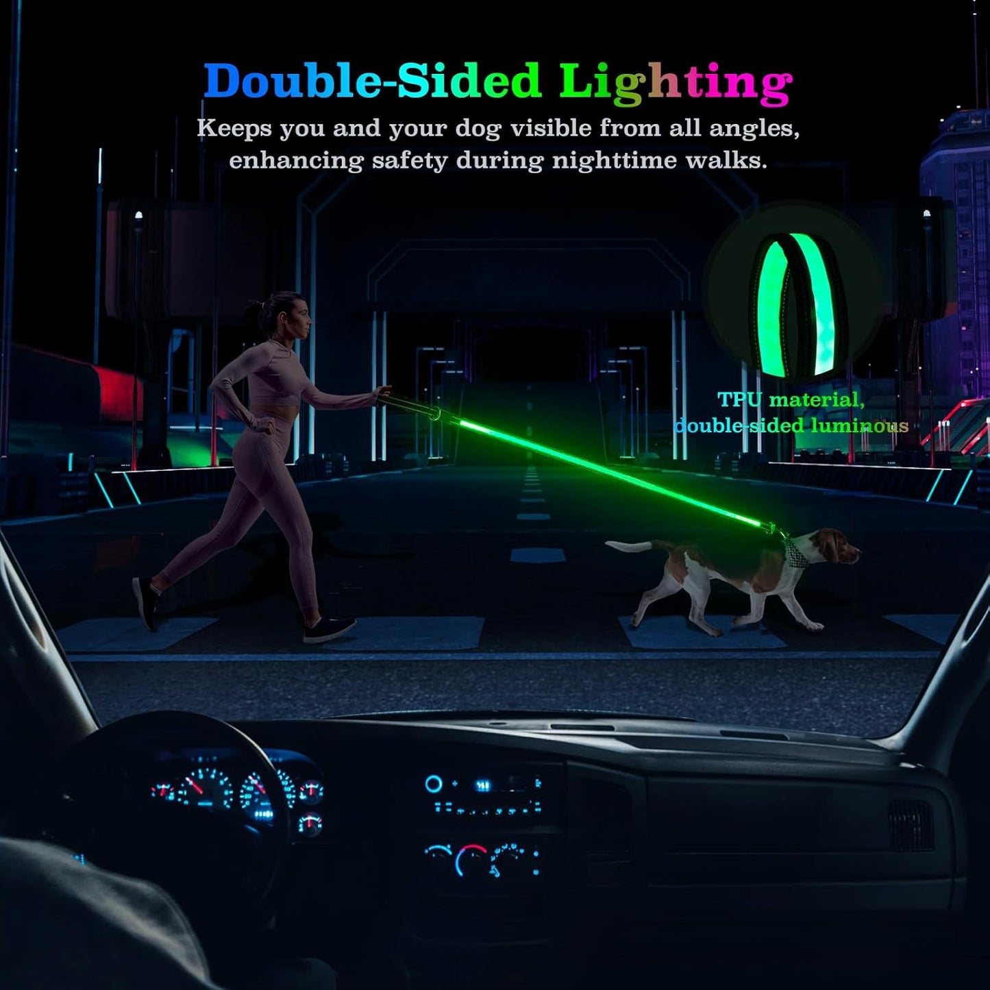 LED Light-Up Dog Leash – Rechargeable, Reflective Night Safety Leash