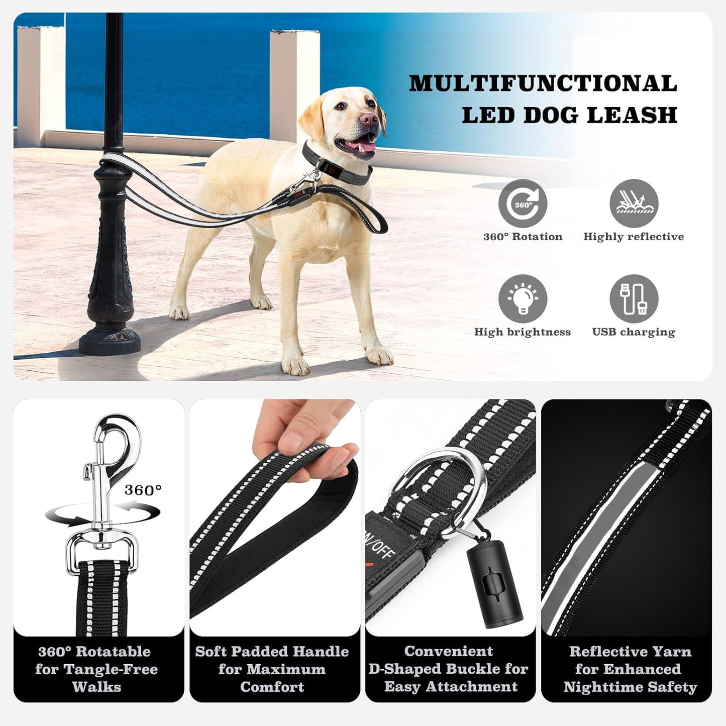 LED Light-Up Dog Leash – Rechargeable, Reflective Night Safety Leash